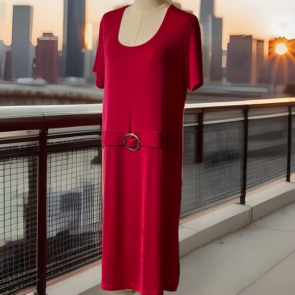 Slinky Brand HSN Dress Large Pink Sheath Knit SS with Silver Buckle Accent  NWT - Picture 2 of 13